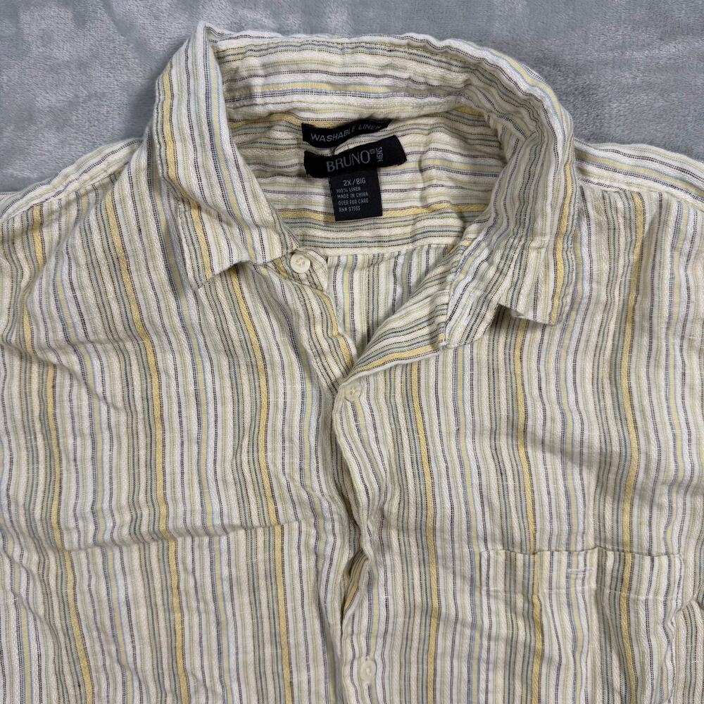 Bruno Men’s 2X Washable Linen Shirt Cream Yellow Stripe Short Sleeve Button Up